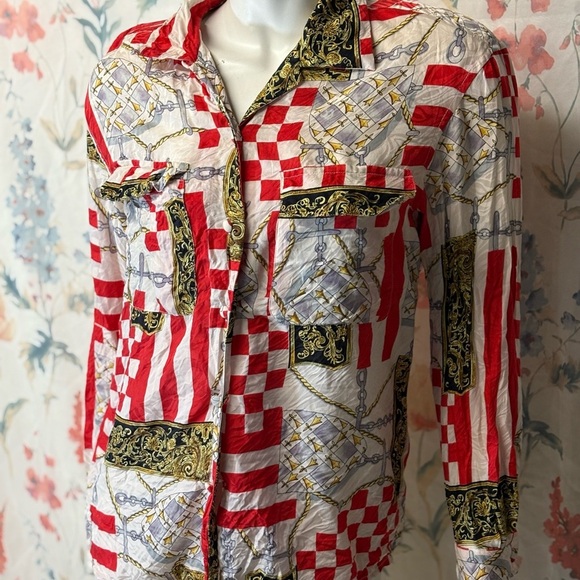 Vintage Silx Women's Red and Black Patterned Blouse - Picture 2 of 12